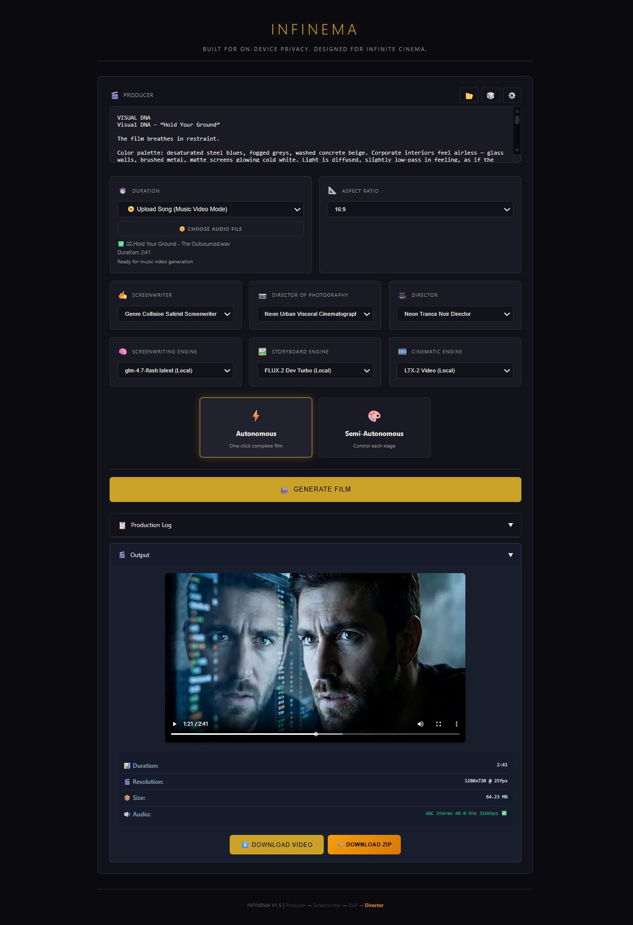 INFINEMA Production Interface - showing Producer panel with crew selection, autonomous mode, and video output